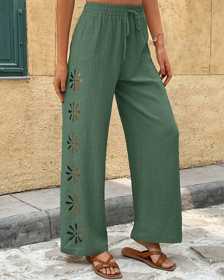 Jessamine | Women's Casual Boho Floral Eyelet Wide-Leg Pants