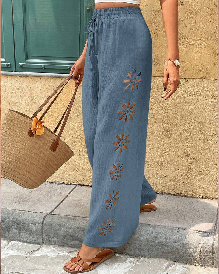 Jessamine | Women's Casual Boho Floral Eyelet Wide-Leg Pants