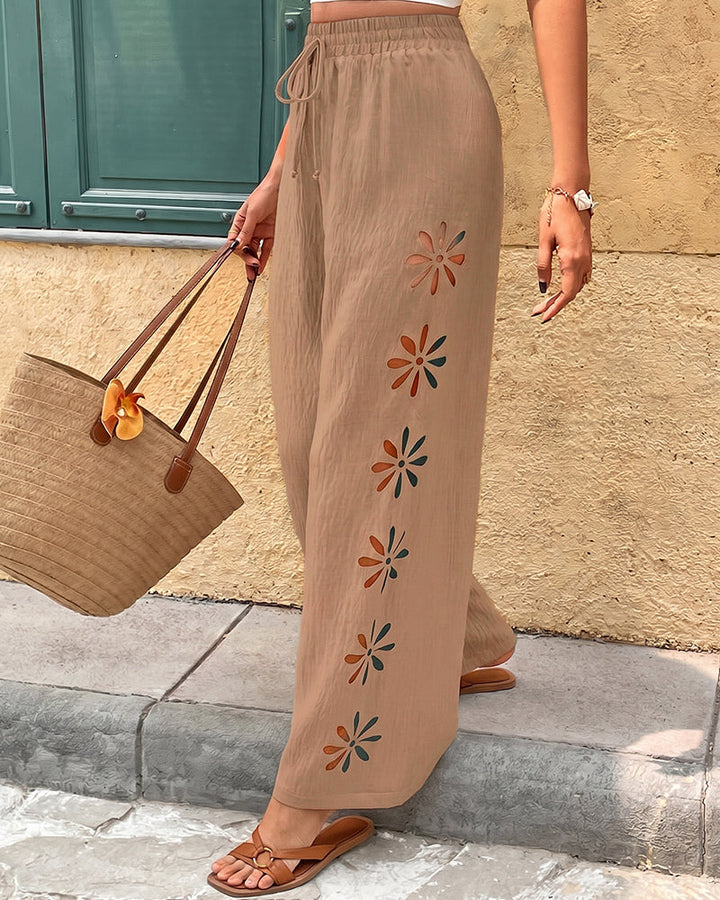 Jessamine | Women's Casual Boho Floral Eyelet Wide-Leg Pants