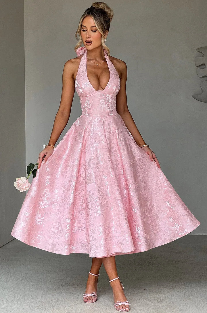 Liliana jacquard halter midi dress with bow back in pink
