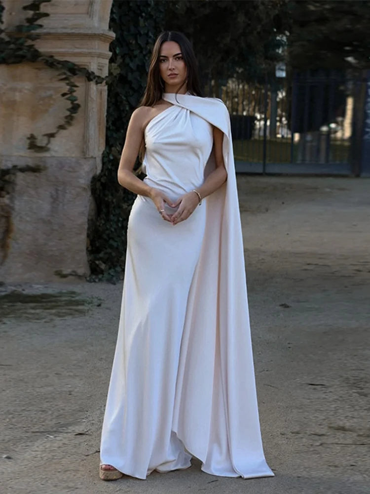 Brunella one-shoulder satin maxi dress with cape sash