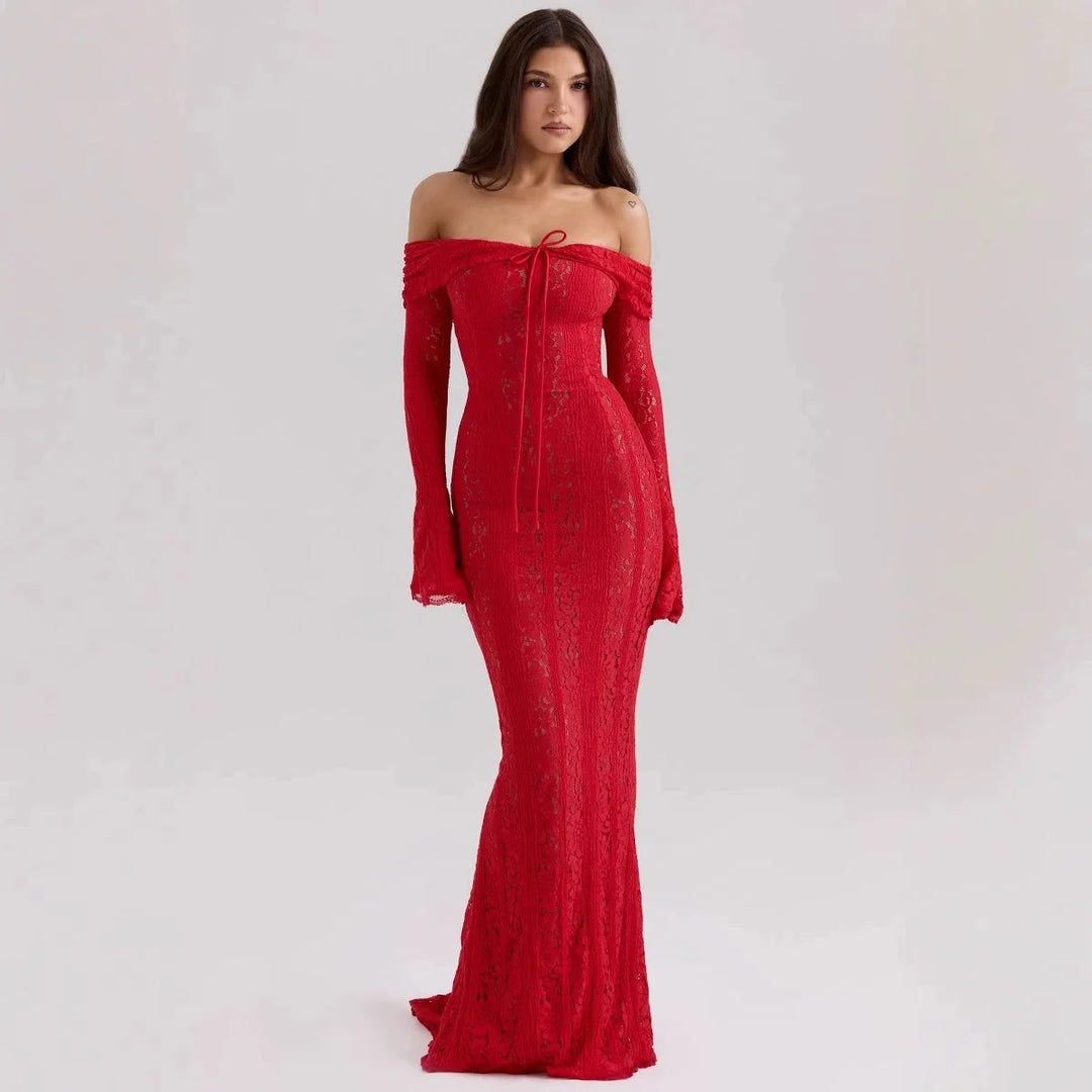Loredana off-shoulder lace maxi dress in red