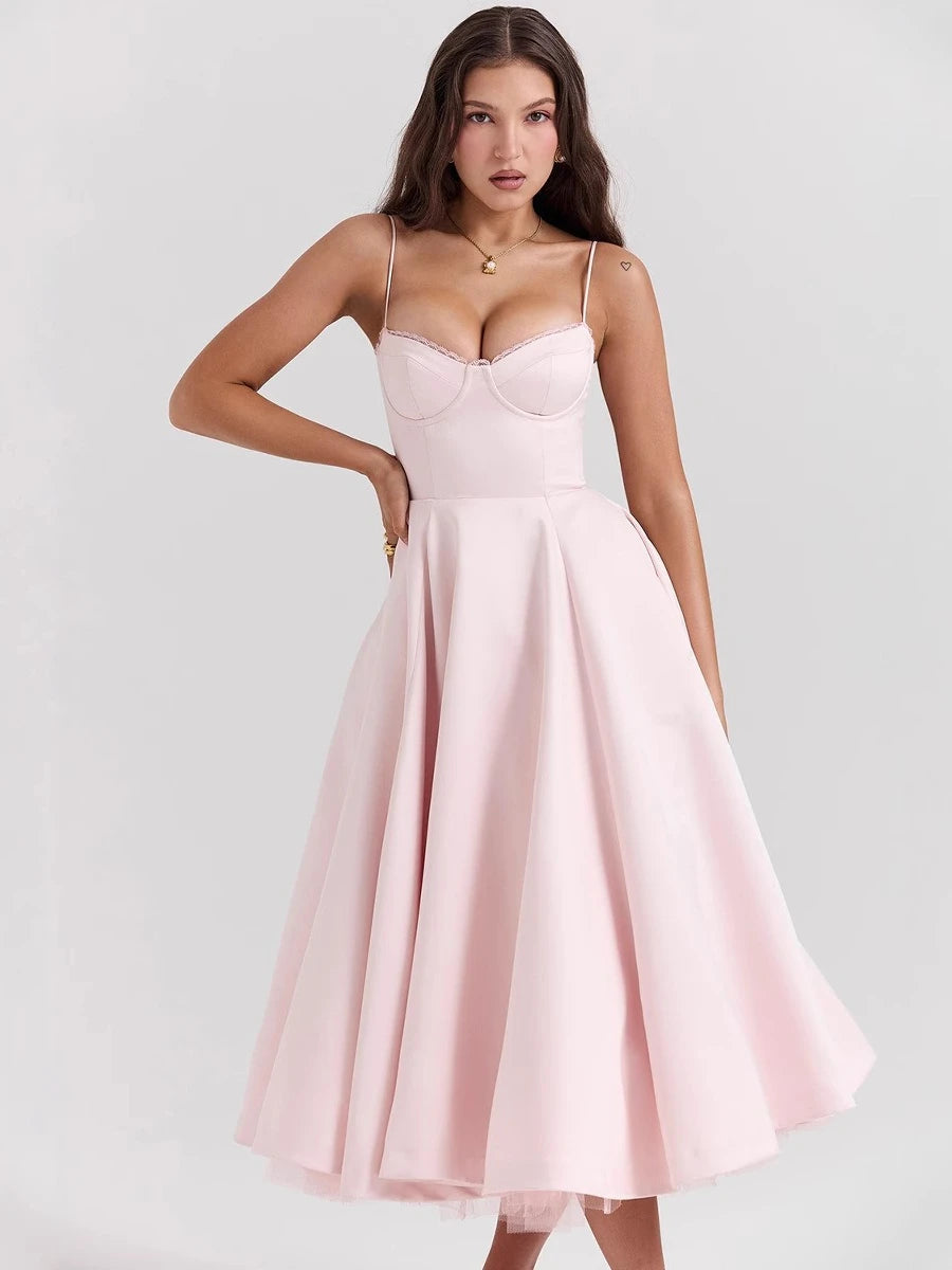 Fiammetta satin corset midi dress with full skirt in pink