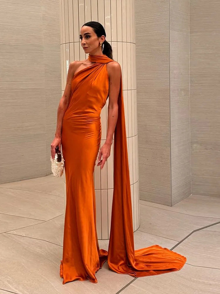 Brunella one-shoulder satin maxi dress with cape sash