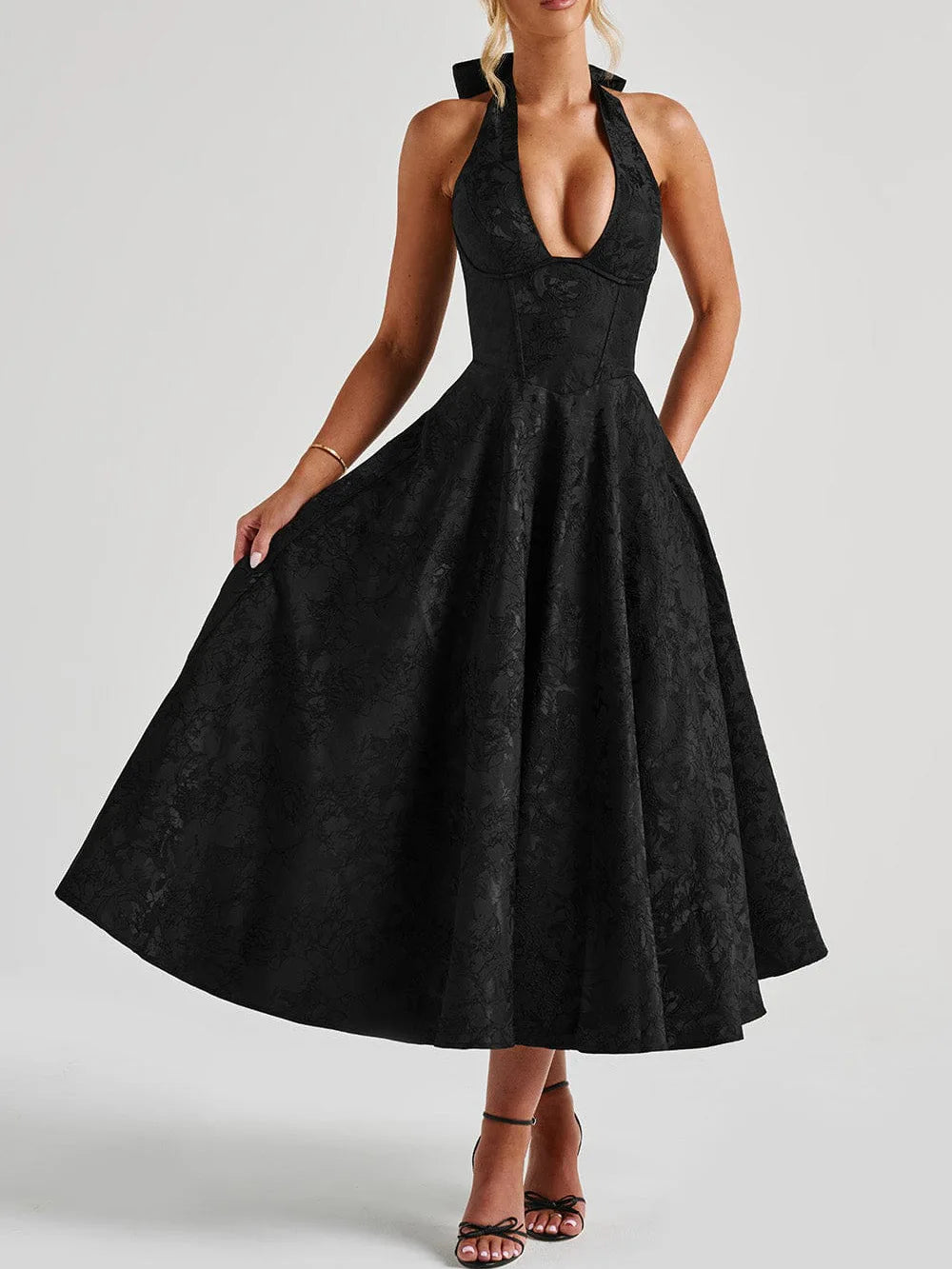 Liliana jacquard halter midi dress with bow back in black