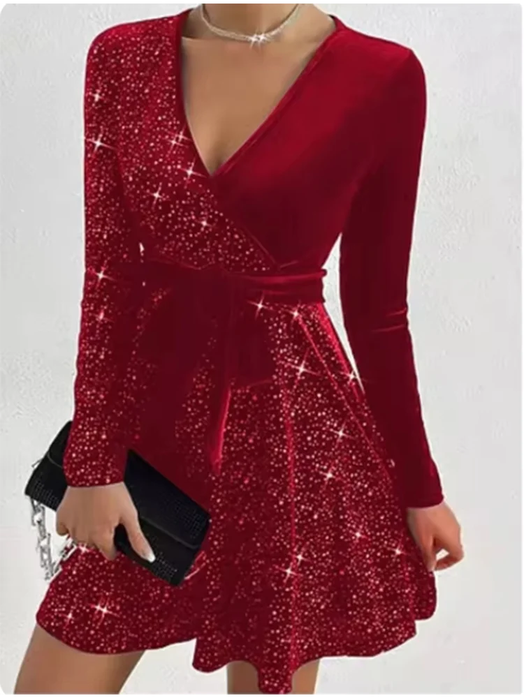 Esperanza sequin wrap mini dress with long sleeves in red