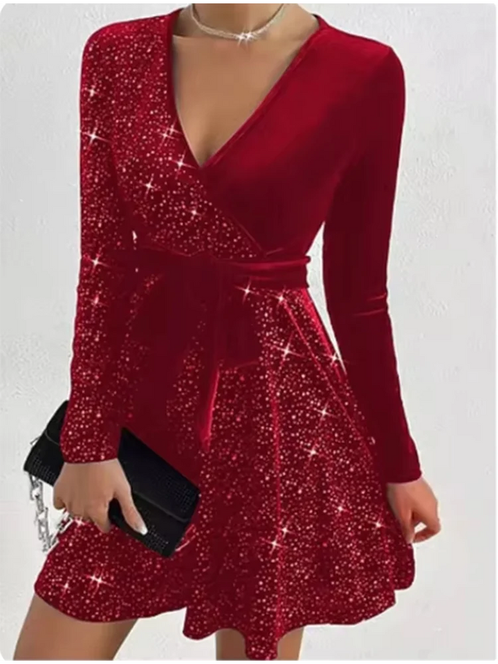 Esperanza sequin wrap mini dress with long sleeves