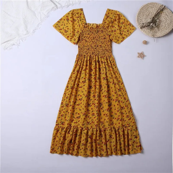 Thea smocked floral midi dress with flutter sleeves