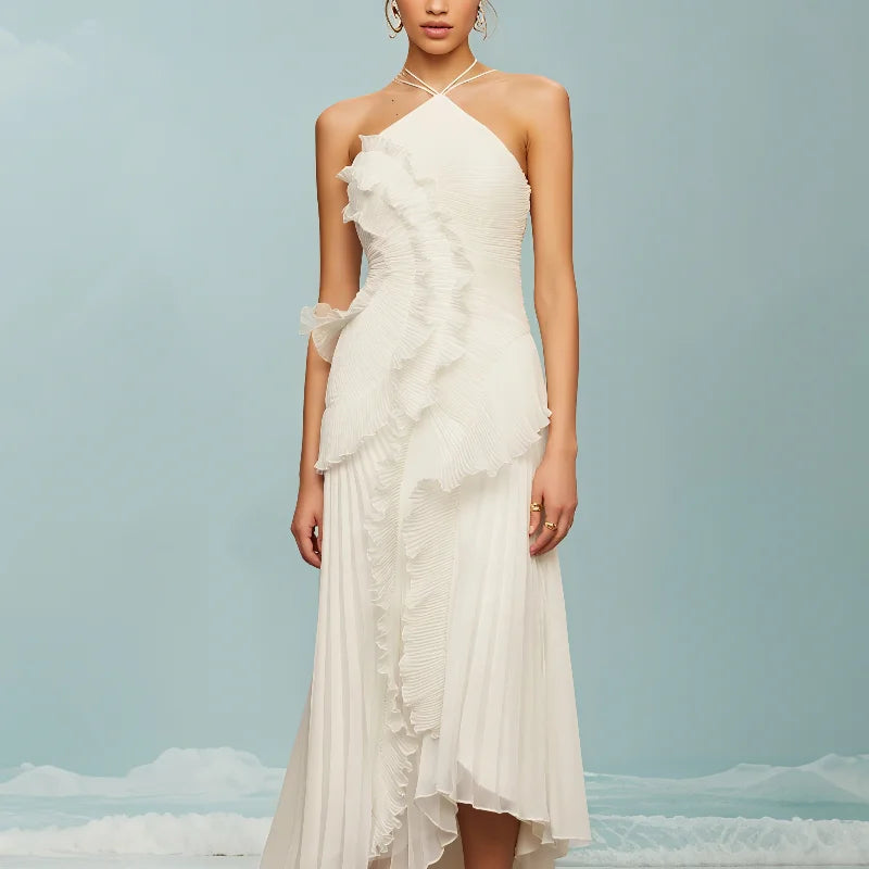 Sybil pleated ruffle halter maxi dress