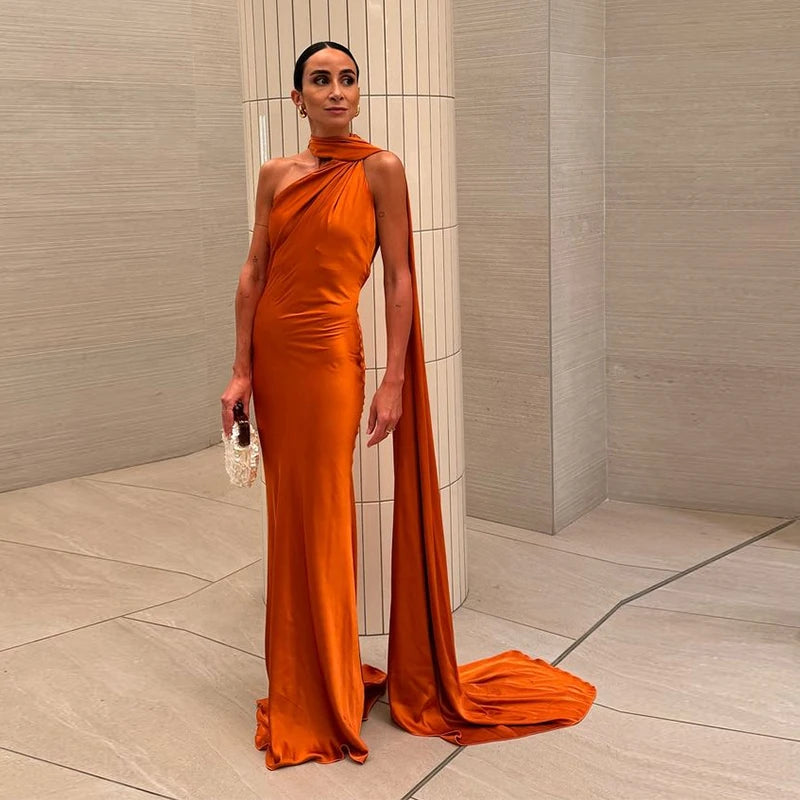 Brunella one-shoulder satin maxi dress with cape sash in orange