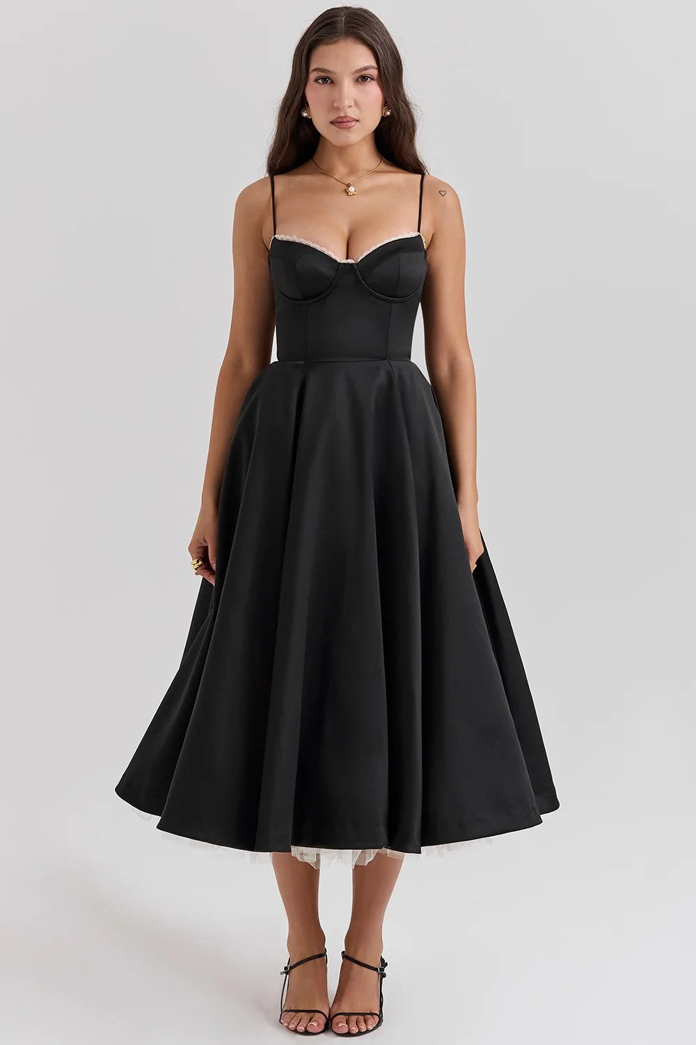 Fiammetta satin corset midi dress with full skirt in black