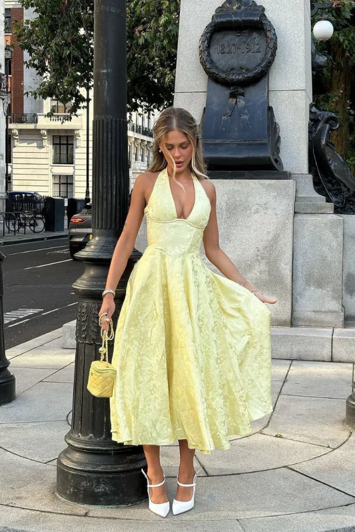 Liliana jacquard halter midi dress with bow back