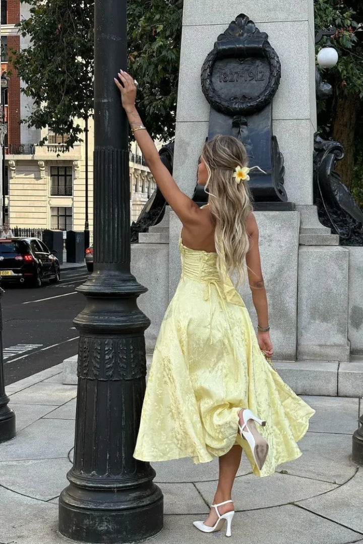 Liliana jacquard halter midi dress with bow back