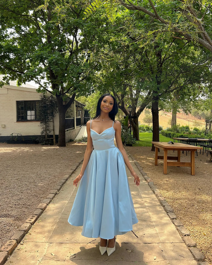 Fiammetta satin corset midi dress with full skirt in light blue