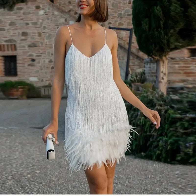 Novella feather fringe mini dress