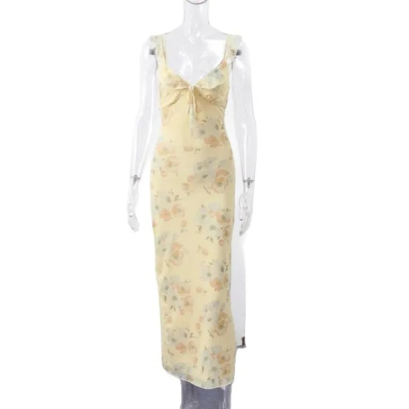 Raphaelle floral mesh midi dress with ruffle neckline