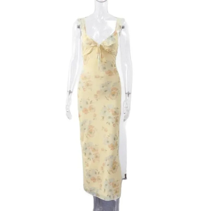 Raphaelle floral mesh midi dress with ruffle neckline