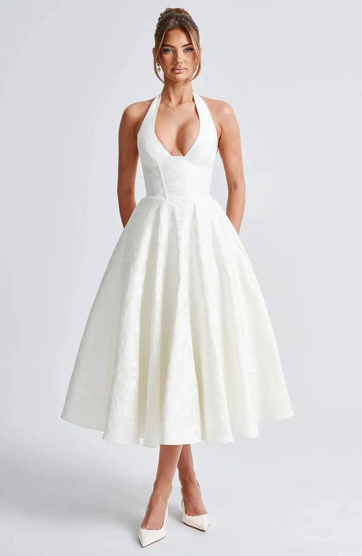 Liliana jacquard halter midi dress with bow back