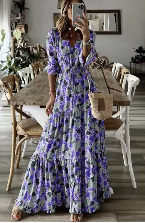 Mafalda floral print maxi dress with long sleeves in purple floral