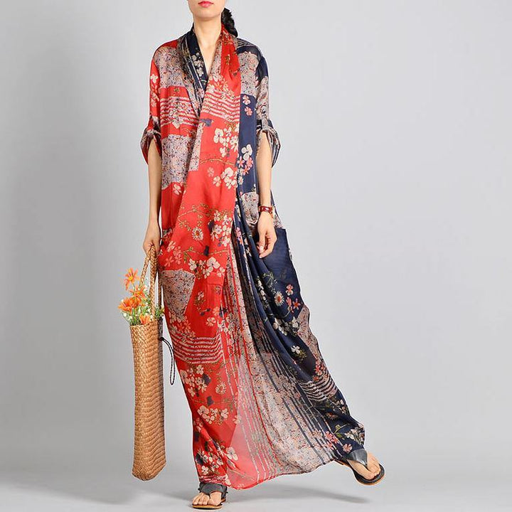 Carys | Women's Unique Red Print Silk Blend Robes V-Neck Robes Maxi Dress