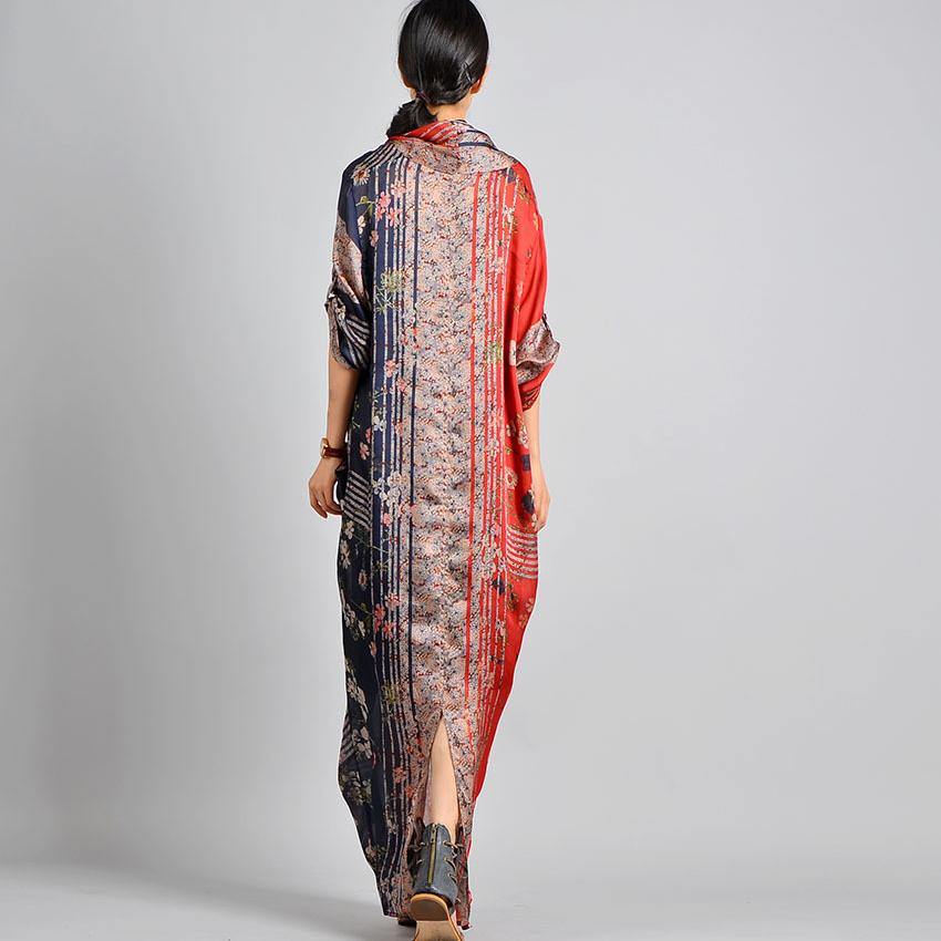 Carys | Women's Unique Red Print Silk Blend Robes V-Neck Robes Maxi Dress