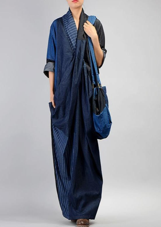 Margery | Women's V-Neck Linen Patchwork Denim Maxi Dress