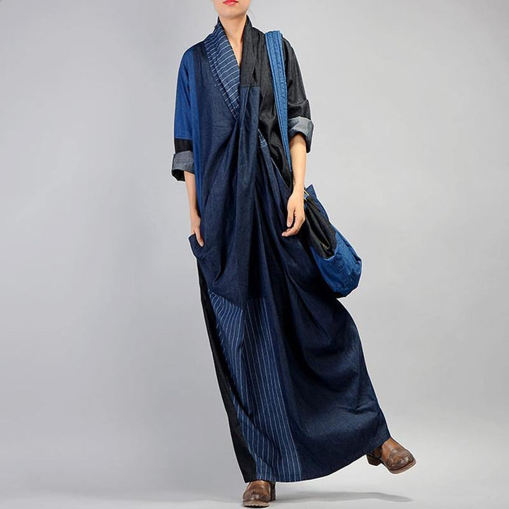 Margery | Women's V-Neck Linen Patchwork Denim Maxi Dress