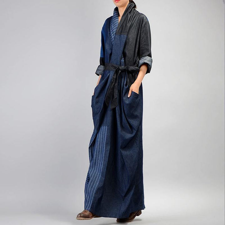 Margery | Women's V-Neck Linen Patchwork Denim Maxi Dress