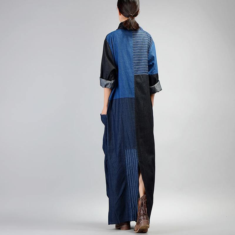 Margery | Women's V-Neck Linen Patchwork Denim Maxi Dress