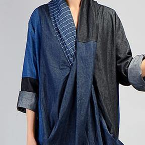 Margery | Women's V-Neck Linen Patchwork Denim Maxi Dress