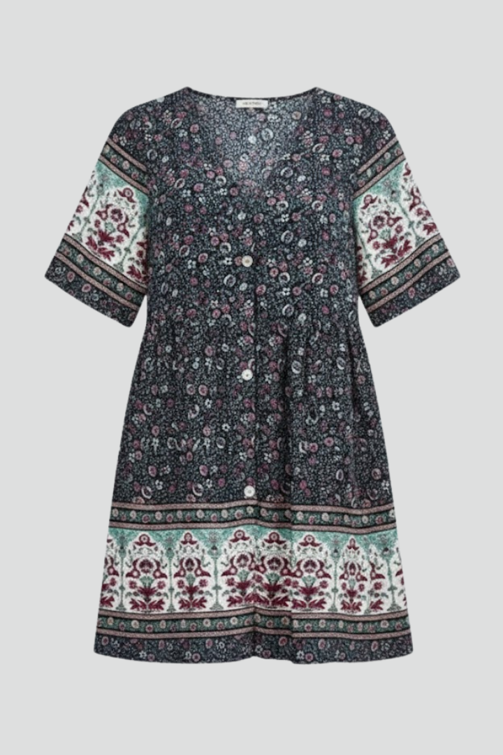 Petunia | Women's Short Sleeve Dress with V-Neck and Button Front