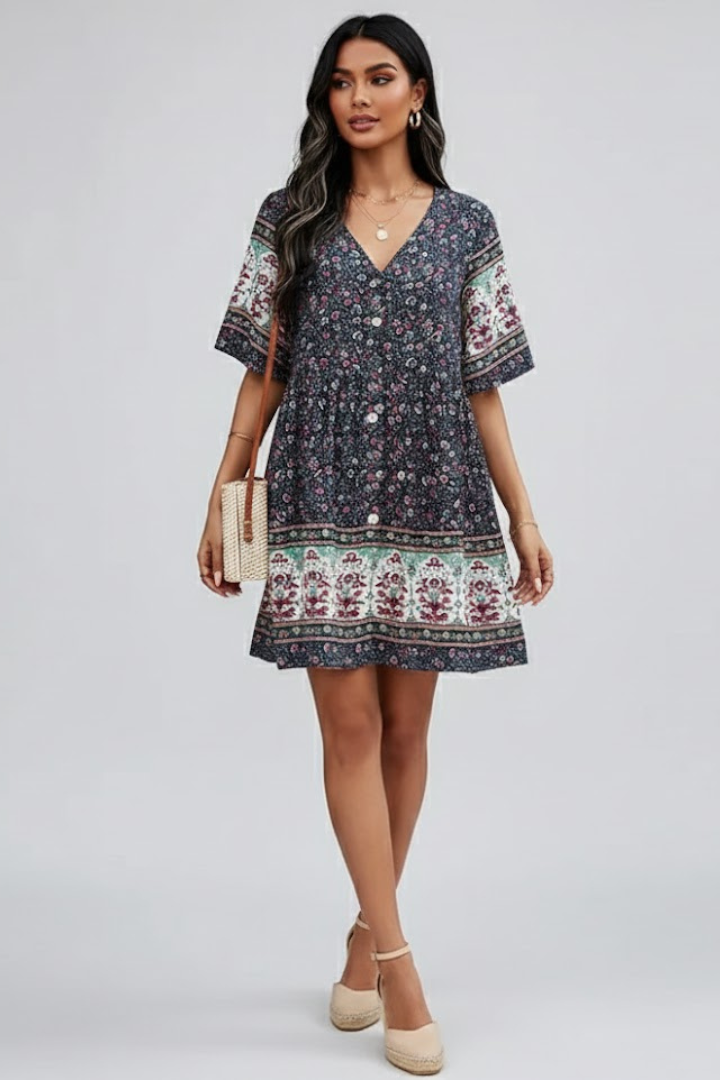 Petunia | Women's Short Sleeve Dress with V-Neck and Button Front