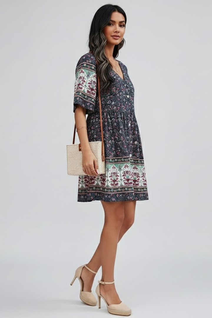 Petunia | Women's Short Sleeve Dress with V-Neck and Button Front