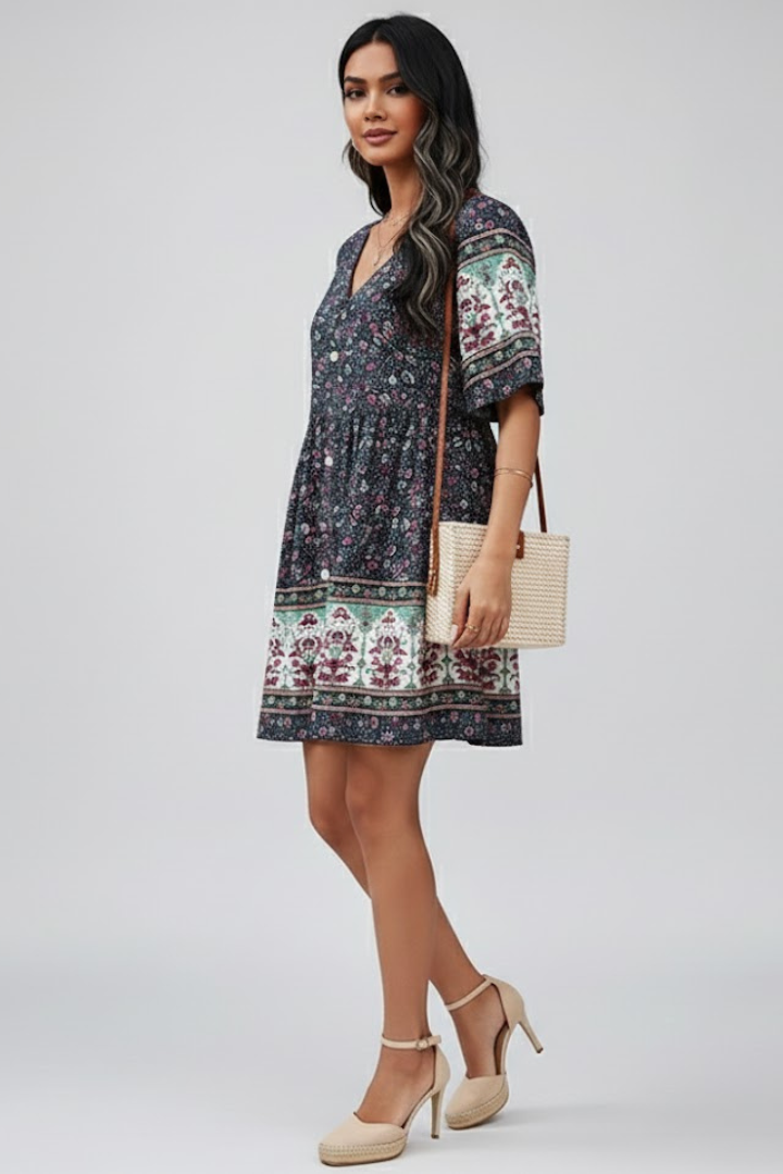 Petunia | Women's Short Sleeve Dress with V-Neck and Button Front