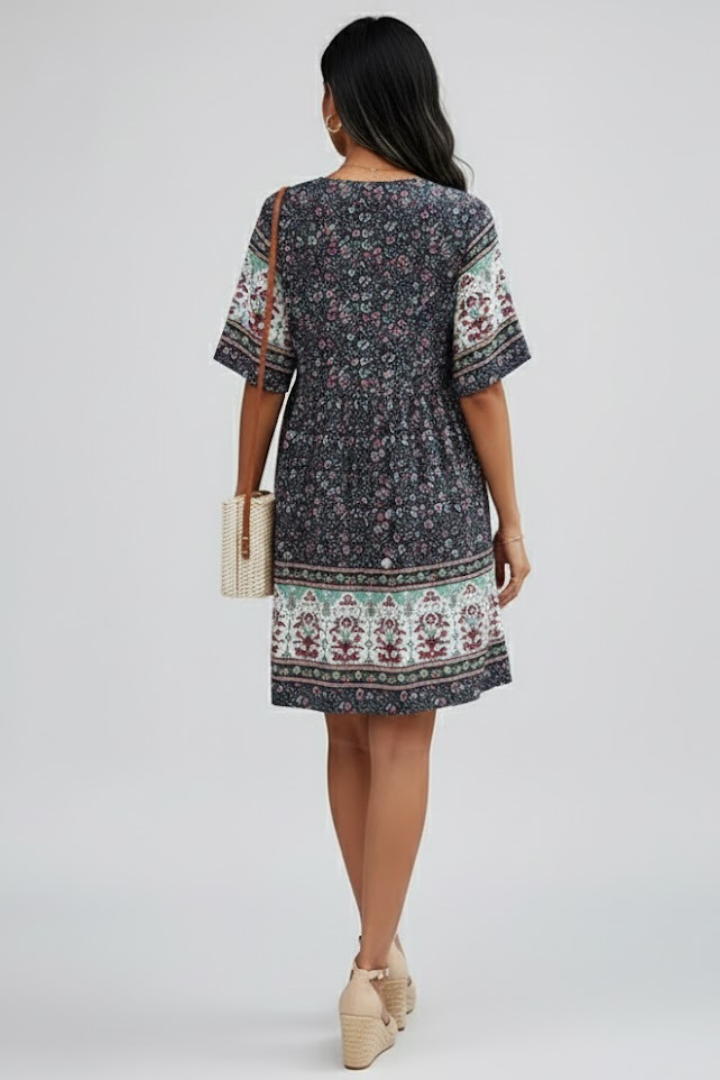 Petunia | Women's Short Sleeve Dress with V-Neck and Button Front