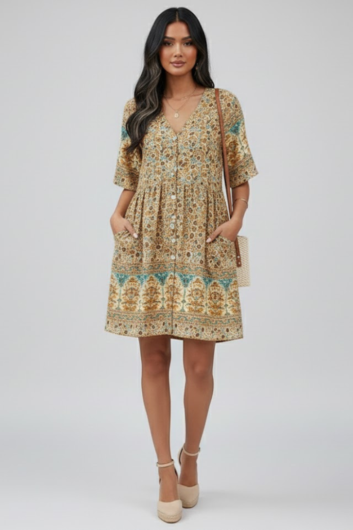 Petunia | Women's Short Sleeve Dress with V-Neck and Button Front