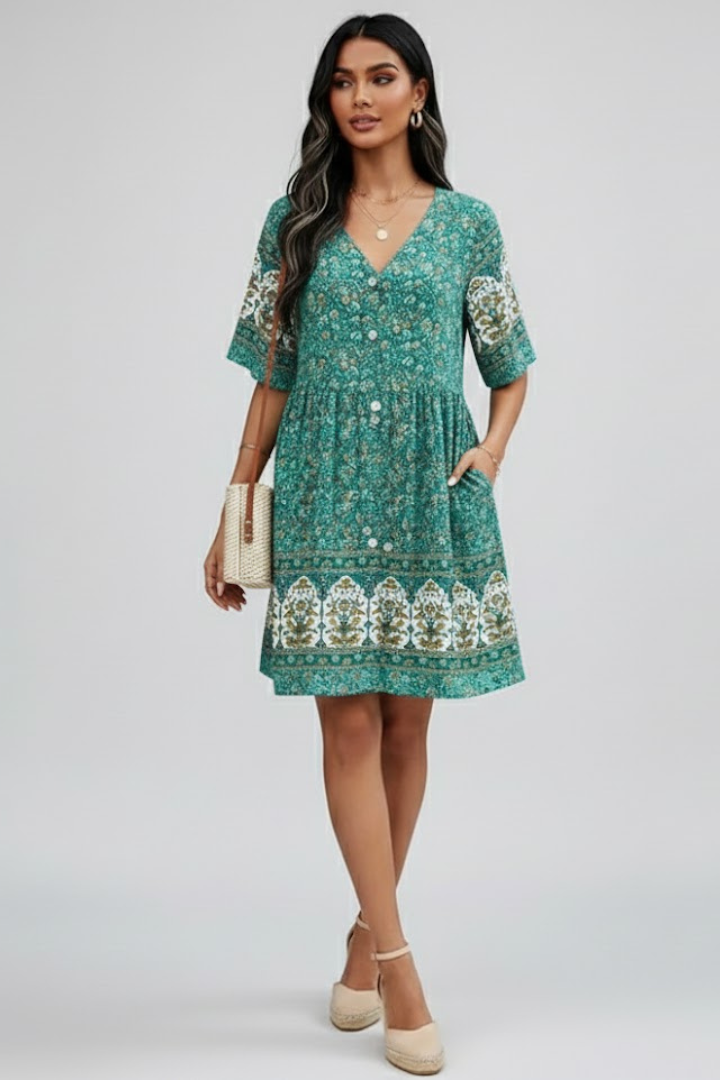 Petunia | Women's Short Sleeve Dress with V-Neck and Button Front