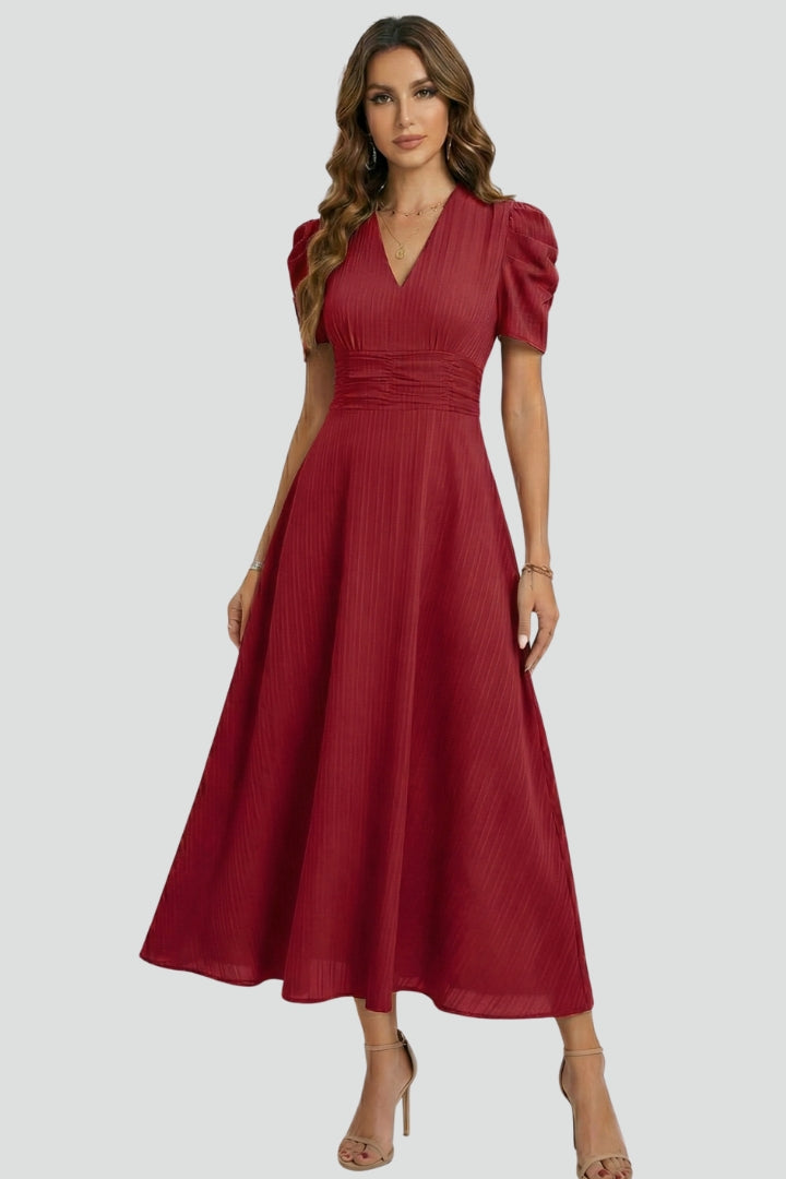 Dorinda | Women's Pleated V-Neck Midi Dress with Short Sleeves - image 5