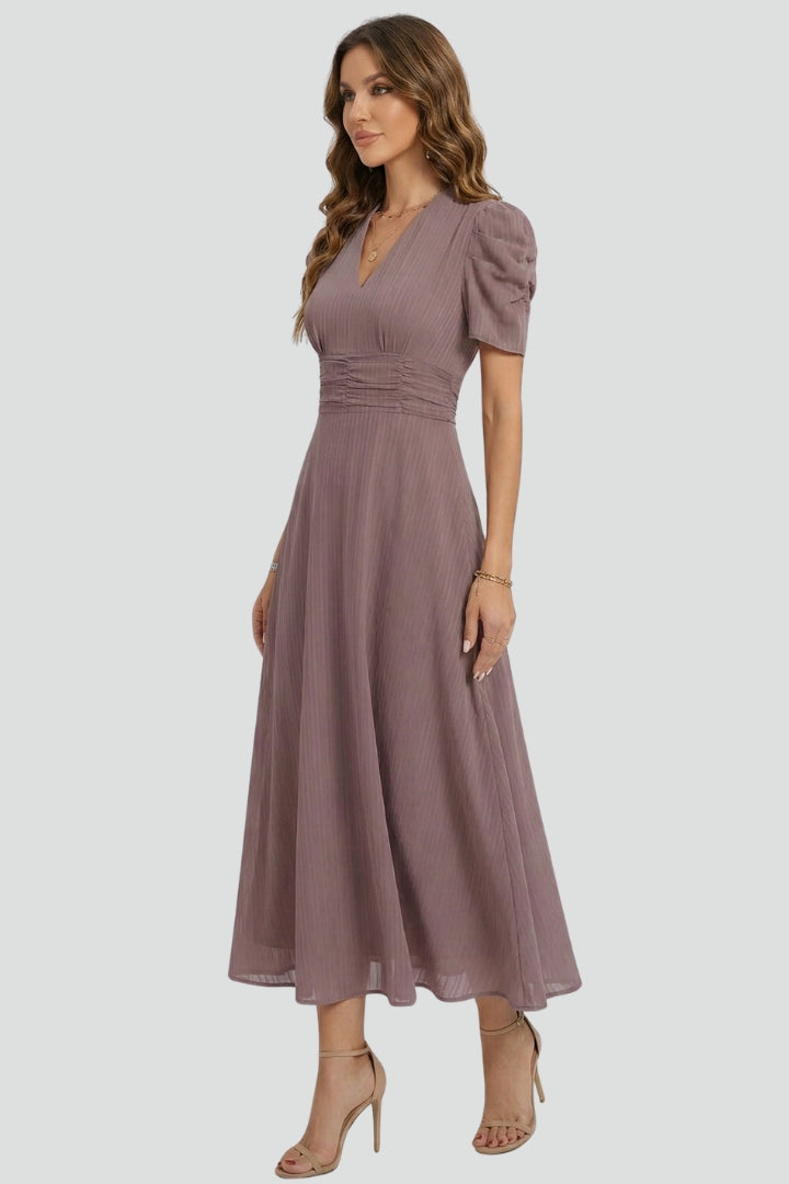 Dorinda | Women's Pleated V-Neck Midi Dress with Short Sleeves - image 3