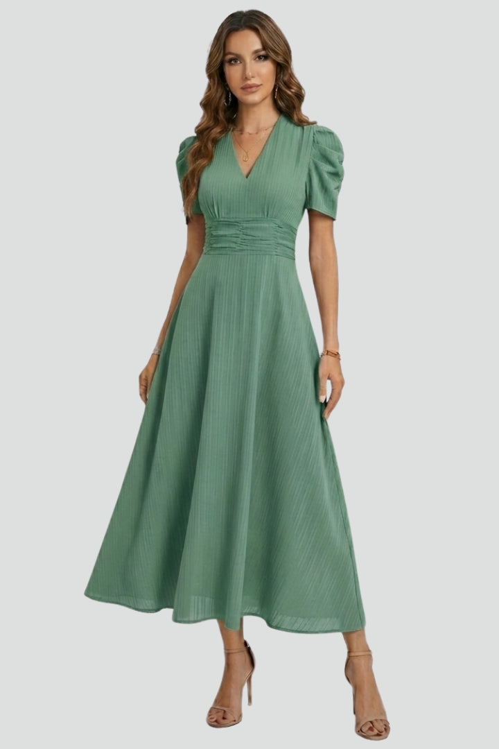 Dorinda | Women's Pleated V-Neck Midi Dress with Short Sleeves - image 8