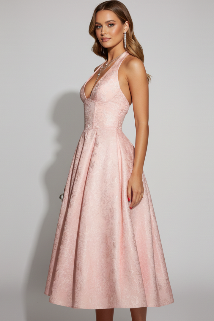 Phaedra | Women's Midi Dress with Halter Neckline and Fitted Bodice