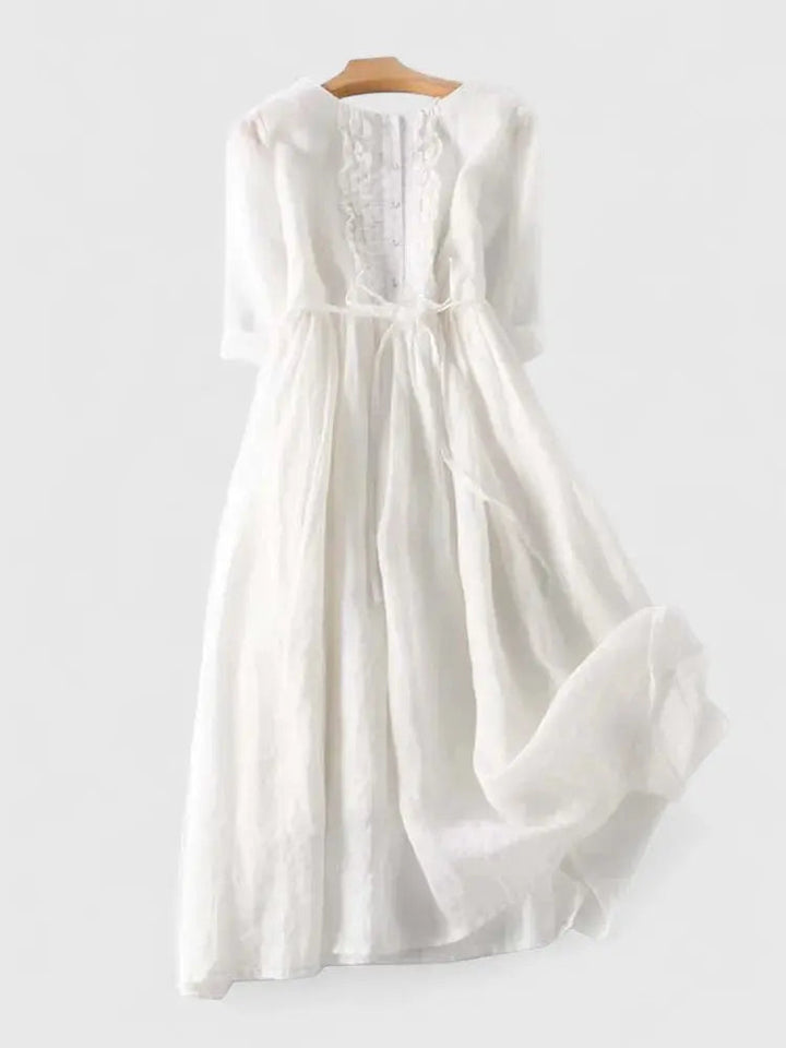 Calista | Women's Linen A-Line Midi Dress with Round Neck and Three-Quarter Sleeves - image 3