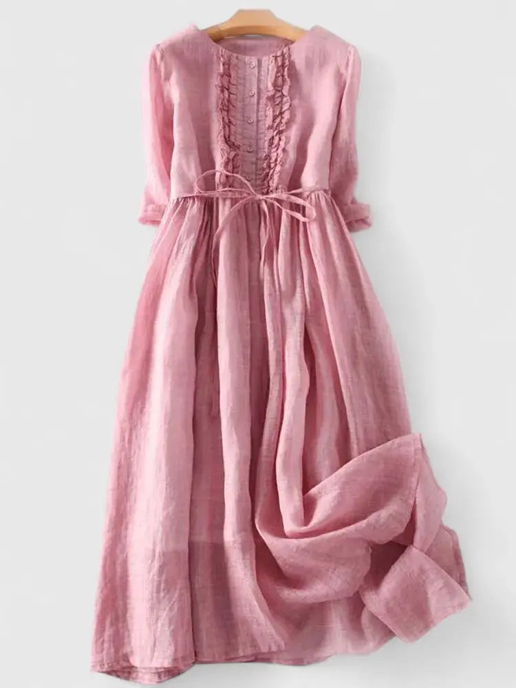 Calista | Women's Linen A-Line Midi Dress with Round Neck and Three-Quarter Sleeves - image 2