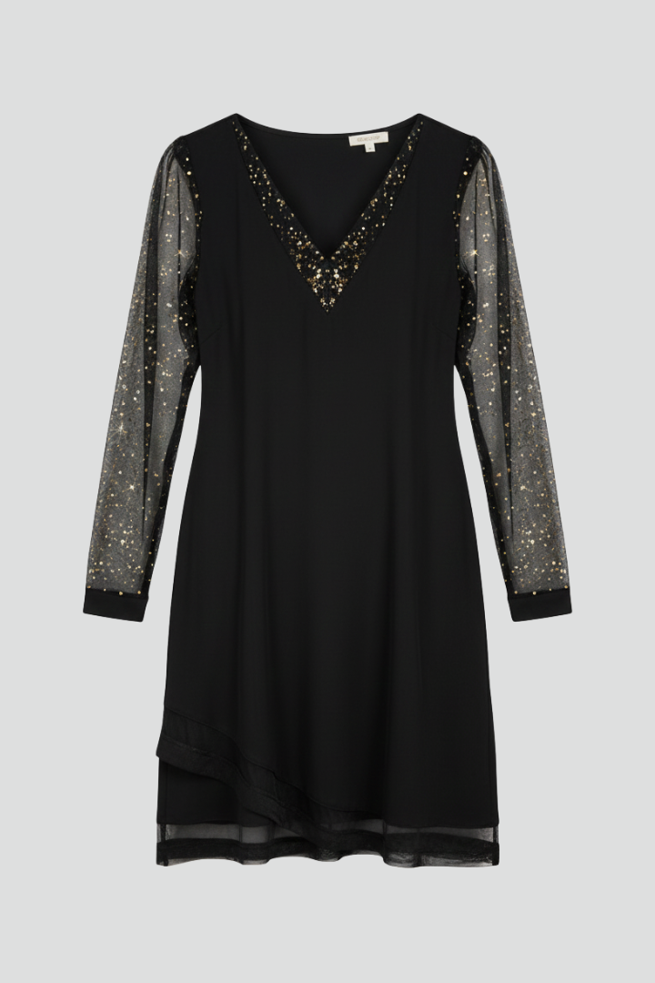 Cecilia | Women's Cocktail Dress with Sequined Sleeves and Plunging Neckline