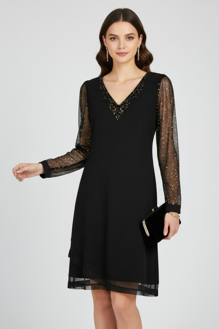 Cecilia | Women's Cocktail Dress with Sequined Sleeves and Plunging Neckline