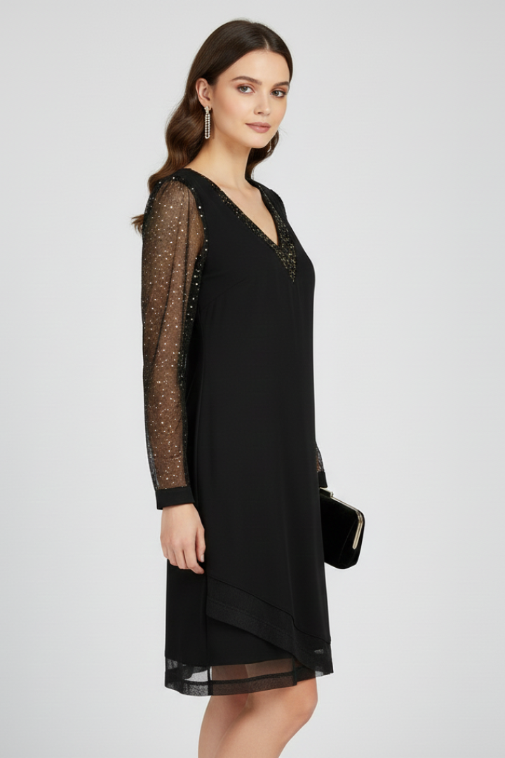 Cecilia | Women's Cocktail Dress with Sequined Sleeves and Plunging Neckline