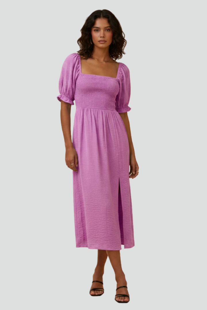 Placida | Women's Dress with Smocked Bodice and Side Slit