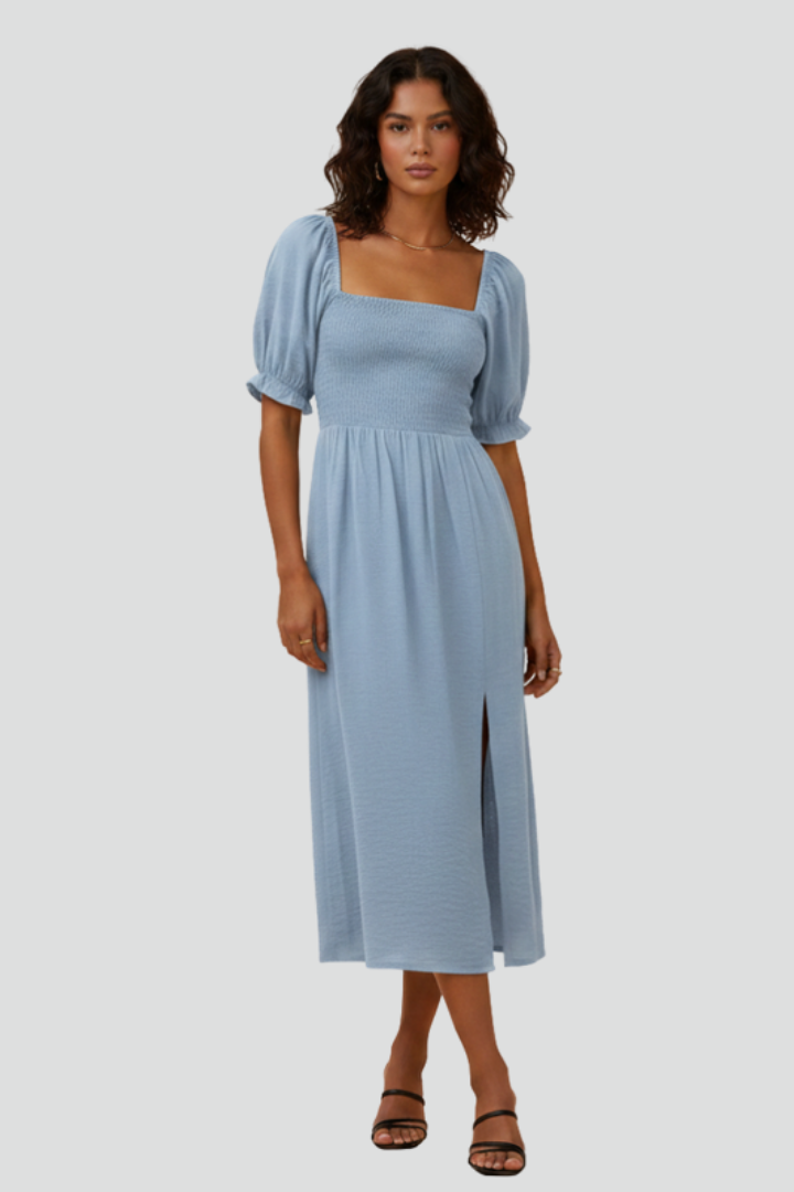 Placida | Women's Dress with Smocked Bodice and Side Slit