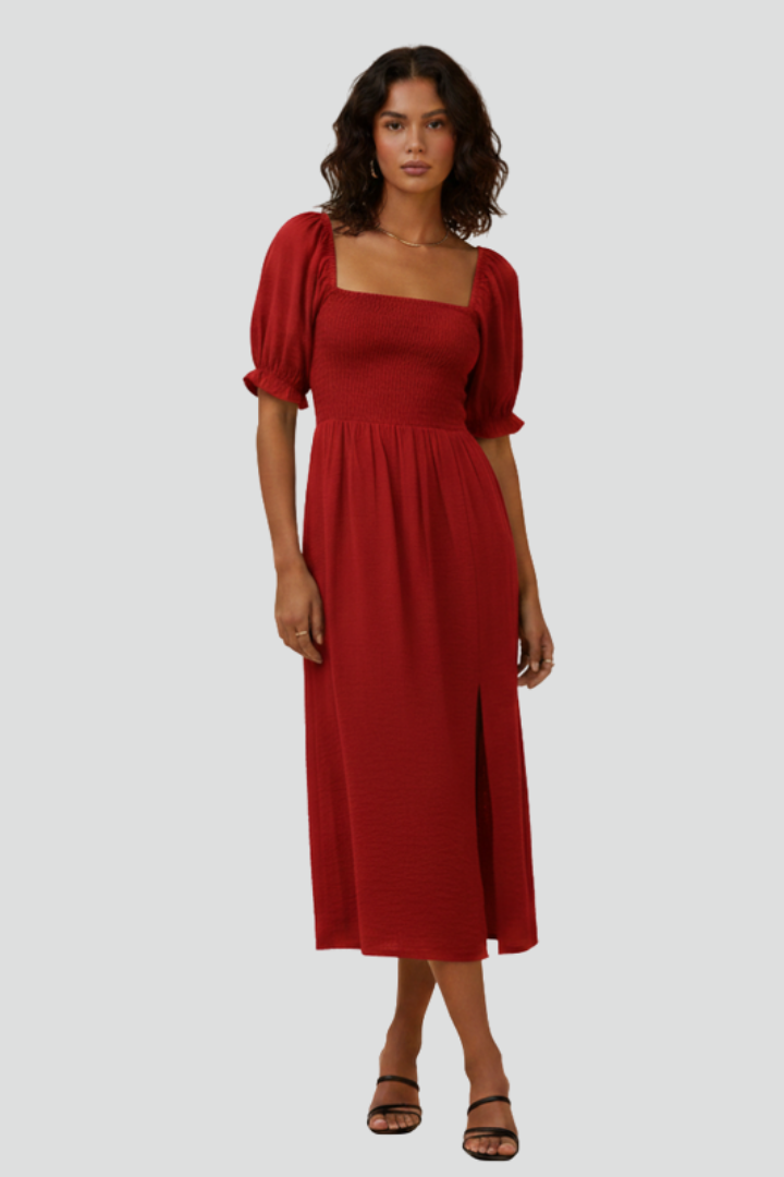 Placida | Women's Dress with Smocked Bodice and Side Slit