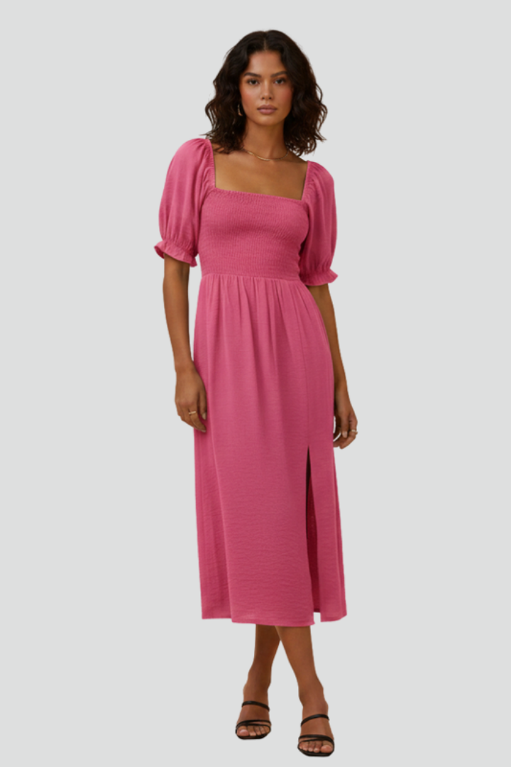 Placida | Women's Dress with Smocked Bodice and Side Slit